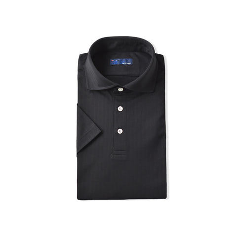 【日本製】 ポロシャツ メンズ 半袖 ビジネス 接触冷感 ヘリンボーン 無地 ワイドカラー クールマックス ブラック(SPKJ23-025-bk)