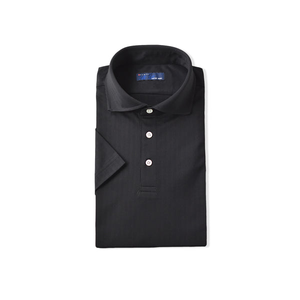 【日本製】 ポロシャツ メンズ 半袖 ビジネス 接触冷感 ヘリンボーン 無地 ワイドカラー クールマックス ブラック(SPKJ23-025-bk)