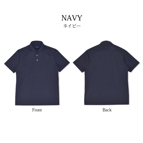【日本製】 ポロシャツ メンズ 半袖 ビジネス 接触冷感 ヘリンボーン 無地 ワイドカラー クールマックス ネイビー(SPKJ23-025-na)