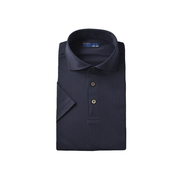 【日本製】 ポロシャツ メンズ 半袖 ビジネス 接触冷感 ヘリンボーン 無地 ワイドカラー クールマックス ネイビー(SPKJ23-025-na)