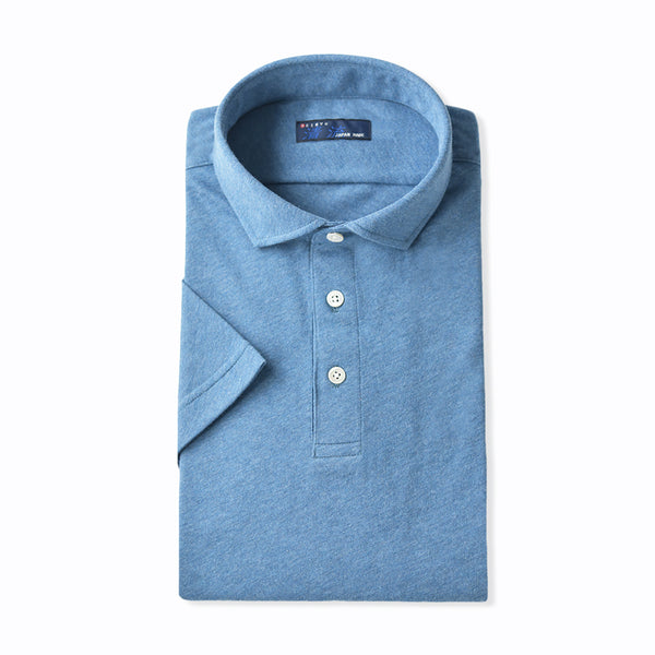 【日本製】 ポロシャツ メンズ 半袖 オーガニックコットン 綿100% やわらかい 無地 ワイドカラー ブルー(SPKJ23-029-bl)