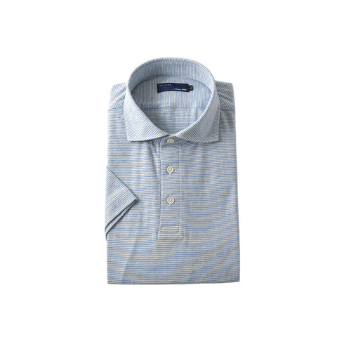 【日本製】 ポロシャツ メンズ 半袖 メンズ オーガニックコットン100% ワイドカラー ボーダー ブルー(SPKJ23-031-bl)