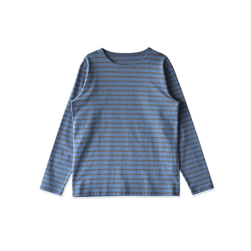 【日本製】 ボーダー tシャツ メンズ 長袖 バスクシャツ クルーネック 丸首 厚手 綿100% ブルー(STKB24-059-bl)