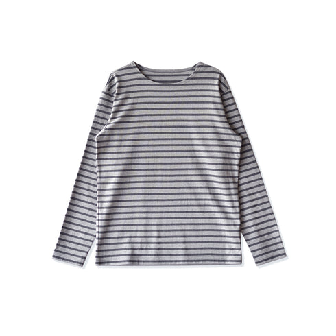 【日本製】 ボーダー tシャツ メンズ 長袖 バスクシャツ クルーネック 丸首 厚手 綿100% グレー(STKB24-059-gr)