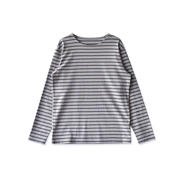 【日本製】 ボーダー tシャツ メンズ 長袖 バスクシャツ クルーネック 丸首 厚手 綿100% グレー(STKB24-059-gr)