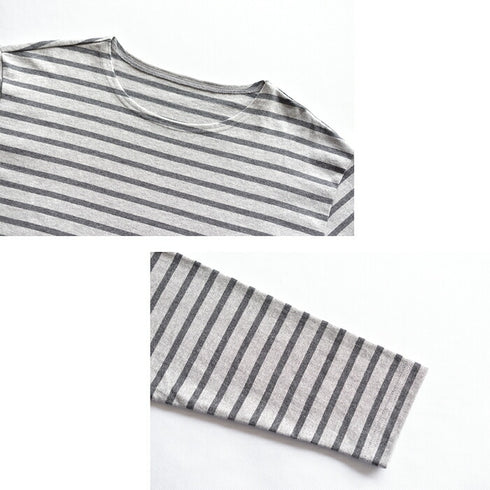【日本製】 ボーダー tシャツ メンズ 長袖 バスクシャツ クルーネック 丸首 厚手 綿100% グレー(STKB24-059-gr)