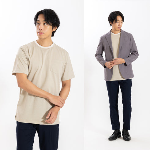 【日本製】 tシャツ メンズ 吸水速乾 通気性 ビジネスカジュアル クルーネック 無地 リネンライク カーキ(stkb26-114-kh)