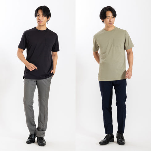 【日本製】 tシャツ メンズ 吸水速乾 通気性 ビジネスカジュアル クルーネック 無地 リネンライク カーキ(stkb26-114-kh)