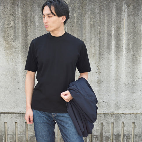 【日本製】 tシャツ メンズ 襟高 半袖 高級綿 ビジネスカジュアル ジャケット専用 無地 綿100% スビンプラチナム ホワイト(stkb26-124-wh)