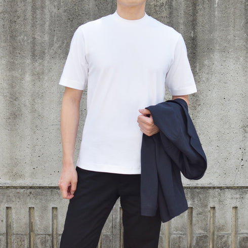 【日本製】 tシャツ メンズ 襟高 半袖 高級綿 ビジネスカジュアル ジャケット専用 無地 綿100% スビンプラチナム ホワイト(stkb26-124-wh)