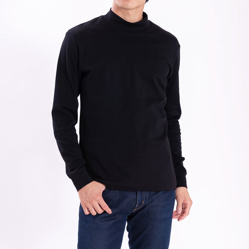 【日本製】 tシャツ メンズ 長袖 ビジネスカジュアル モックネック 無地 高級綿100% スビンプラチナム ブラック(stkb26-126-bk)