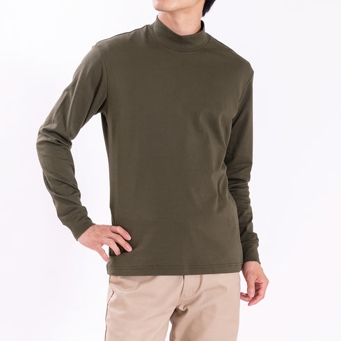 【日本製】 tシャツ メンズ 長袖 ビジネスカジュアル モックネック 無地 高級綿100% スビンプラチナム カーキ(stkb26-126-kh)