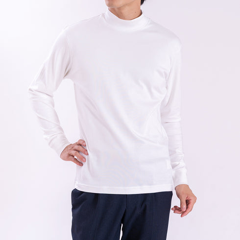 【日本製】 tシャツ メンズ 長袖 ビジネスカジュアル モックネック 無地 高級綿100% スビンプラチナム ホワイト(stkb26-126-wh)