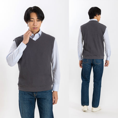 【日本製】 ベスト メンズ カジュアル ビジネス Vネック 無地 通気性 ワッフル生地 ネイビー(SVKB26-116-na)