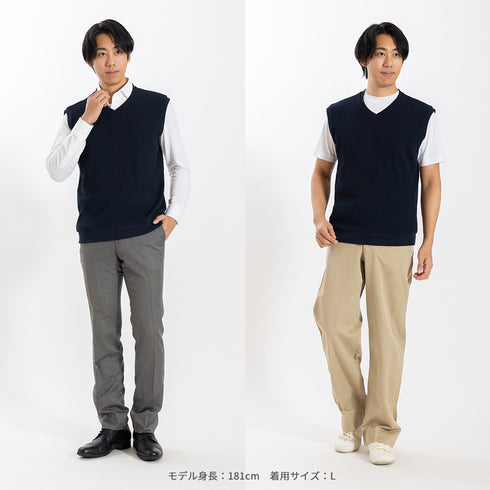 【日本製】 ベスト メンズ カジュアル ビジネス Vネック 無地 通気性 ワッフル生地 ネイビー(SVKB26-116-na)