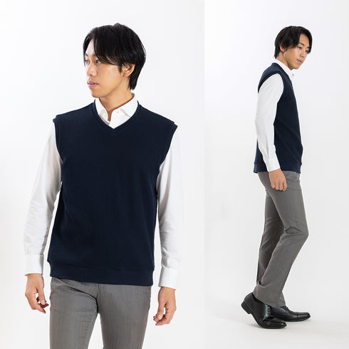 【日本製】 ベスト メンズ カジュアル ビジネス Vネック 無地 通気性 ワッフル生地 ネイビー(SVKB26-116-na)
