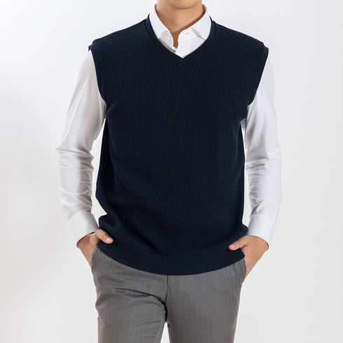 【日本製】 ベスト メンズ カジュアル ビジネス Vネック 無地 通気性 ワッフル生地 ネイビー(SVKB26-116-na)