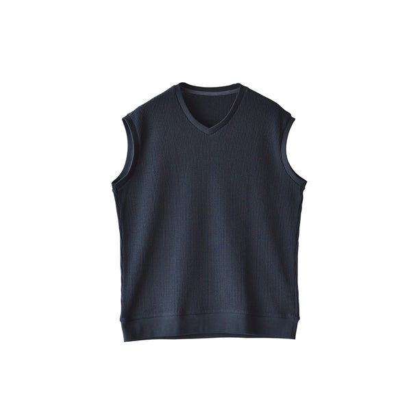 【日本製】 ベスト メンズ カジュアル ビジネス Vネック 無地 通気性 ワッフル生地 ネイビー(SVKB26-116-na)
