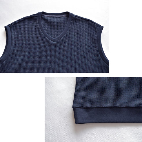【日本製】 ベスト メンズ カジュアル ビジネス Vネック 無地 通気性 ワッフル生地 ネイビー(SVKB26-116-na)