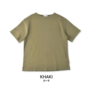 【日本製】 ワッフル tシャツ メンズ 半袖 ボートネック 綿100％ ゆったり 大きいサイズ 無地 チャコール(FL23SS-014m-ch)
