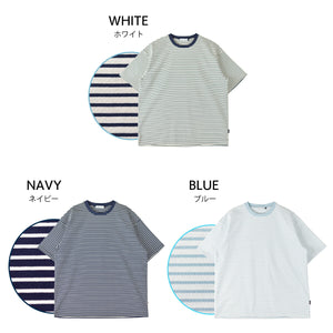 【日本製】 ボーダー tシャツ メンズ 半袖 綿100％ 厚手 大きいサイズ クルーネック 丸首 ハードコットン ブルー(FL23SS-017M-bl)