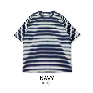 【日本製】 ボーダー tシャツ メンズ 半袖 綿100％ 厚手 大きいサイズ クルーネック 丸首 ハードコットン ブルー(FL23SS-017M-bl)