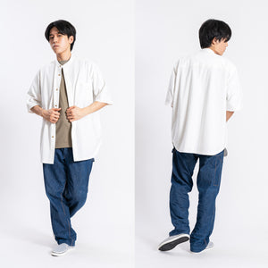 【日本製】 シャツ メンズ 半袖 大きいサイズ ワンポケット 無地 バンドカラー オーガニックコットン 綿100％ ホワイト(FL24SS-001-wh)