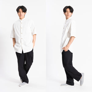 【日本製】 シャツ メンズ 半袖 大きいサイズ ワンポケット 無地 バンドカラー オーガニックコットン 綿100％ ホワイト(FL24SS-001-wh)