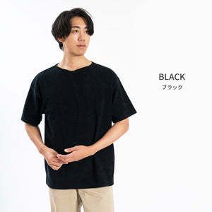 【日本製】パイル生地  tシャツ メンズ 半袖 ゆったりサイズ ボートネック 無地 オフホワイト(FL25SS-001-owh)