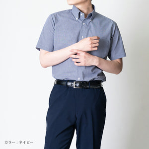 【日本製】 ワイシャツ メンズ 半袖 ドレスシャツ ビジネス ボタンダウン ギンガムチェック ネイビー(SHFJ23-036-na)