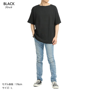 【日本製】 ワッフル tシャツ メンズ 半袖 ボートネック 綿100％ ゆったり 大きいサイズ 無地 チャコール(FL23SS-014m-ch)