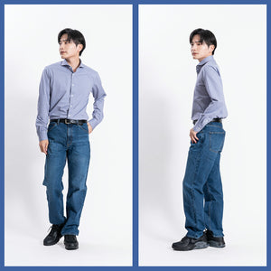 【日本製】ワイシャツ メンズ 長袖 ビジネス チェックシャツ イージーケア ノーアイロン ワイドカラー ブルーチェック(LKS22-001-blc)
