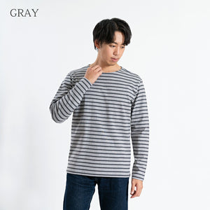 【日本製】 ボーダー tシャツ メンズ 長袖 バスクシャツ クルーネック 丸首 厚手 綿100％ ブルー(STKB24-059-bl)