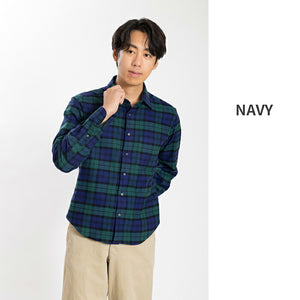【日本製】チェックシャツ メンズ 長袖 綿100％ オーガニックコットン レギュラーカラー ネイビー(SNFB24-077-na)