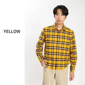 【日本製】チェックシャツ メンズ 長袖 綿100％ オーガニックコットン レギュラーカラー イエロー(SNFB24-077-ye)