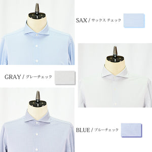 【日本製】ワイシャツ メンズ 長袖 ビジネス チェックシャツ イージーケア ノーアイロン ワイドカラー ブルーチェック(LKS22-001-blc)