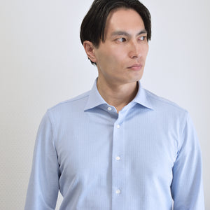 【日本製】 ビジネスシャツ 長袖 メンズ ビジネスカジュアル ワイシャツ 吸水速乾 ワイドカラー ヘリンボーン イージーフォーマルシャツ ブルー(SNKN26-122-bl)