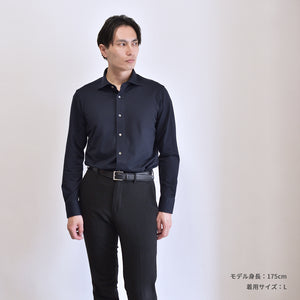 【日本製】 ビジネスシャツ 長袖 メンズ ビジネスカジュアル ワイシャツ 吸水速乾 ワイドカラー ヘリンボーン イージーフォーマルシャツ ブルー(SNKN26-122-bl)