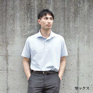 【日本製】 ポロシャツ メンズ 半袖 ビジネスカジュアル 形態安定 ストレッチ ワイドカラー ヘアラインストライプ サックス(SPKB24-072-sa)