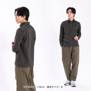 【日本製】 ポロシャツ 長袖 メンズ ビジネスカジュアル 速乾 快適 テックツイード ウールライク ワイドカラー ネイビー(SPKB26-128-na)