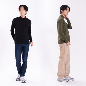 【日本製】 tシャツ メンズ 長袖 ビジネスカジュアル モックネック 無地  高級綿100％ スビンプラチナム ブラック(stkb26-126-bk)