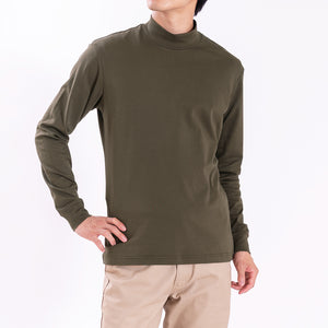 【日本製】 tシャツ メンズ 長袖 ビジネスカジュアル モックネック 無地  高級綿100％ スビンプラチナム カーキ(stkb26-126-kh)