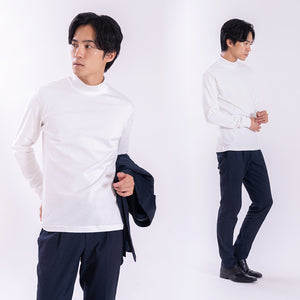 【日本製】 tシャツ メンズ 長袖 ビジネスカジュアル モックネック 無地  高級綿100％ スビンプラチナム ブラック(stkb26-126-bk)