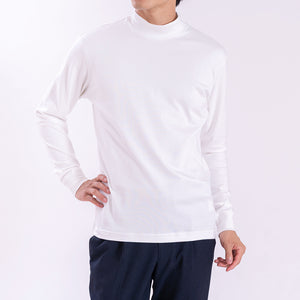 【日本製】 tシャツ メンズ 長袖 ビジネスカジュアル モックネック 無地  高級綿100％ スビンプラチナム ホワイト(stkb26-126-wh)